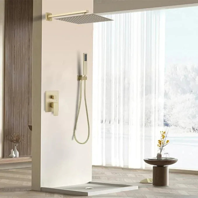 JingGang Brushed Gold Shower System 16 Inch Bathroom Luxury Rain Mixer Shower Combo Set Wall Mounted Rainfall Shower Head and Handheld System Shower Faucet Set Rough-in Valve Body and Trim Kit - ModernBath