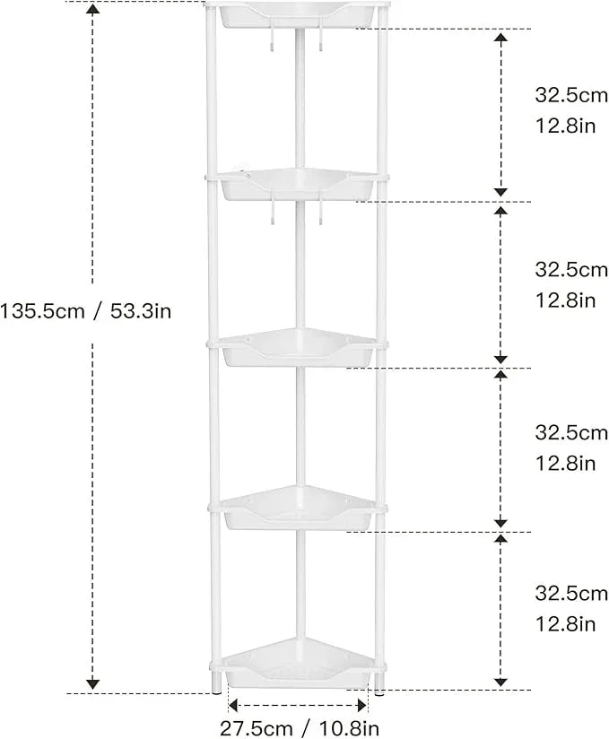 Orimade Rustproof 5 Tier Floor Standing Corner Shower Caddy Organizer, Plastic Metal Splicing Floor Corner Shelf Rack Stands for Bathroom, White - ModernBath
