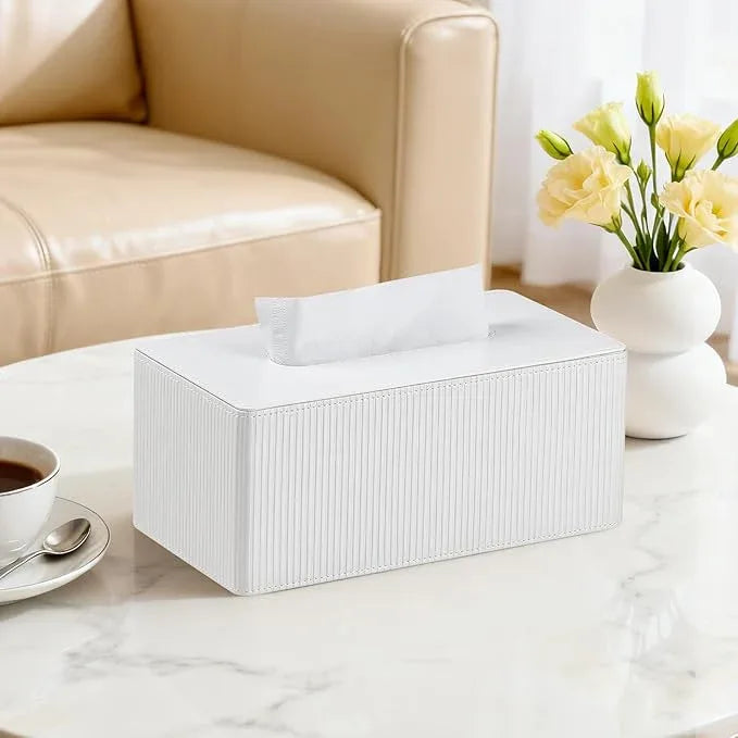 Cretkhp PU Leather Tissue Box Cover Rectangle with Magnetic Closure, Modern Tissue Box Holder for Bathroom NightStands Livingroom, Decorative Tissue Holder for 120(3-Ply)/160(2-Ply) Tissue Box (White) - ModernBath