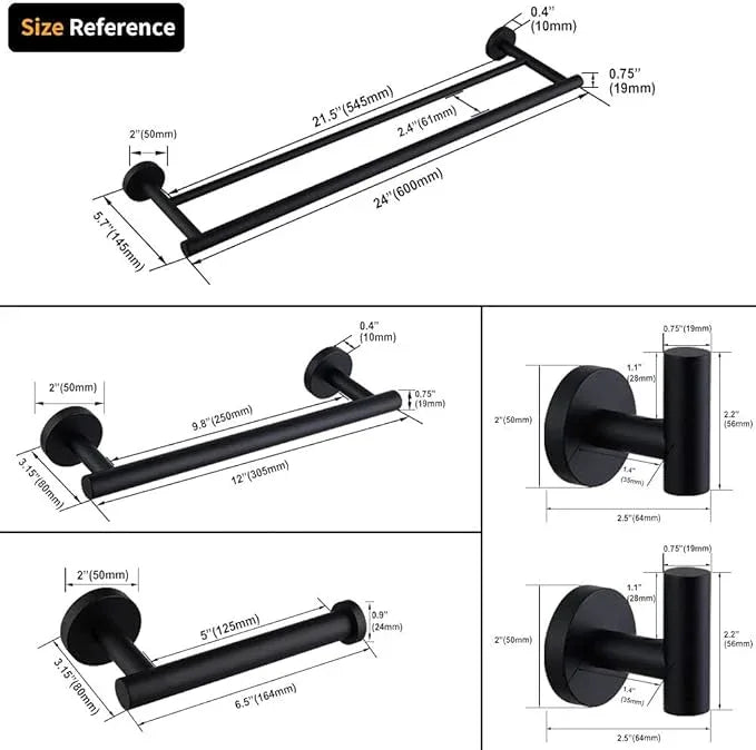 Matte Black Bathroom Accessories Kit 5-Pieces Bathroom Hardware Set Wall Mounted - Includes 24" Double Towel Bar, 12" Hand Towel Bar, Toilet Paper Holder, 2X Robe Towel Hooks … - ModernBath