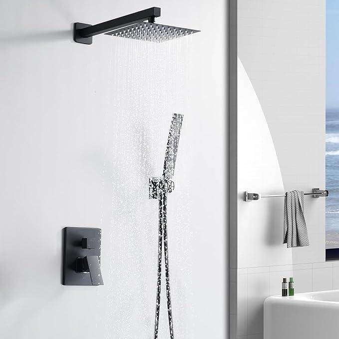 RTTWYYUU Matte Black Shower Head and Handle Set 10 Inch, Rain Shower Head with 2 Hooks, Luxury Rain Shower Set Square Wall Mount for Bathroom with Rain Shower and Handheld Shower System - ModernBath