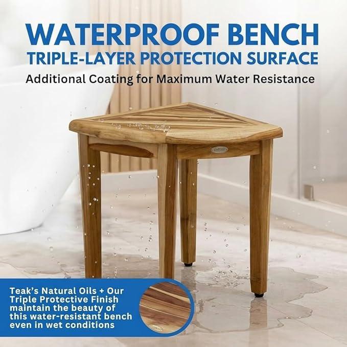 EcoDecors SnazzyCorner Waterproof Teak Wood Shower Bench Stool Seat Chair For Inside Shower Provides Safety, Storage, and Organization For Bathroom Accessories - ModernBath