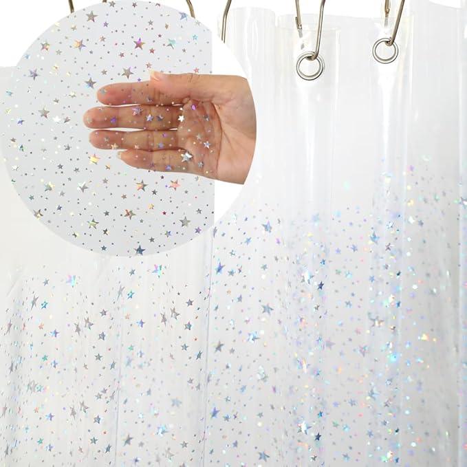 ZEMAHOME Holographic Thin 3D EVA Shower Curtain Liner Glitter Star, 72x72 Premium Light Weight Clear Plastic Bathroom Shower Curtain with Rustproof Metal Grommets for Shower Stall, Bathtubs(No Hooks) - ModernBath