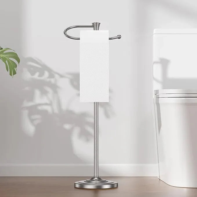 Toilet Paper Holder Free Standing, 25” H Stainless Steel Nickel Toilet Paper Stand, Weighted Base Floor Tissue Roll Holder for Bathroom,Toilet Roll Stand - ModernBath