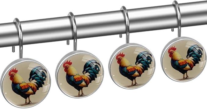 Modern Rooster Shower Curtain Hooks Rings, Stainless Steel Rust Proof Shower Curtain Hooks, Decorative Shower Hooks for Bathroom Shower Rods Curtains, Set of 12 - ModernBath