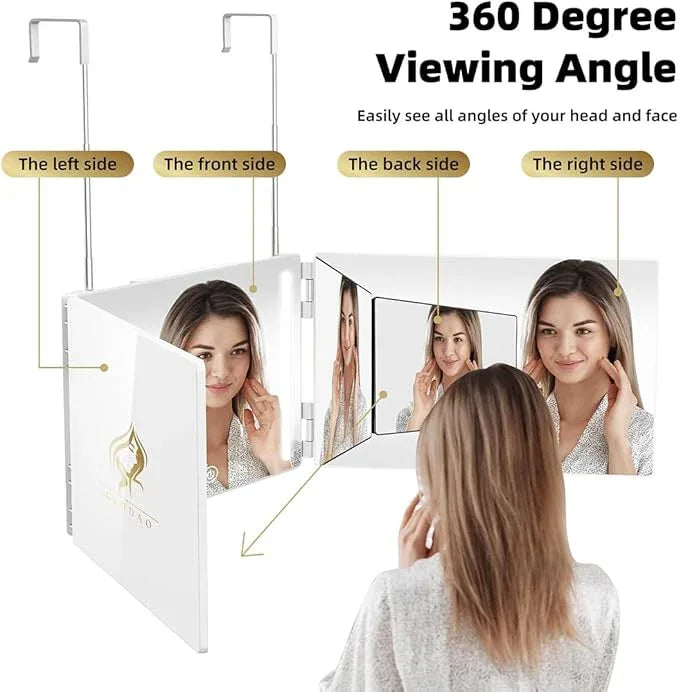 GLDDAO LED 3 Way Mirror to See Back of Head 360 Mirror for Women for Braiding Hair Telescoping Hooks Anti-Fog HD Glass Three Way for Self Hair Cutting Makeup Trifold - ModernBath