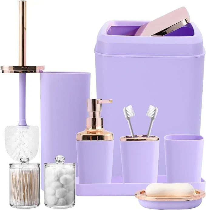 XLHOMO 9-Piece Bathroom Accessories Set, Purple Bathroom Accessories Sets Complete with Trash Can,Tray,Soap Dispenser,Toothbrush Holder,Toothbrush Cup,Soap Dish,Toilet Brush and Q-tip Holders - ModernBath