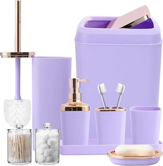 XLHOMO 9-Piece Bathroom Accessories Set, Purple Bathroom Accessories Sets Complete with Trash Can,Tray,Soap Dispenser,Toothbrush Holder,Toothbrush Cup,Soap Dish,Toilet Brush and Q-tip Holders - ModernBath