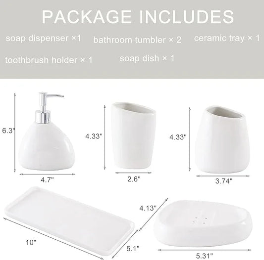 BLBYHO Ceramic Bathroom Accessory Set with Ceramic Tray, 6 Pieces Bathroom Countertop Accessory Set, Include Soap Dispenser, Toothbrush Holder, 2 Tumbler, Soap Dish, Vanity Tray,White - ModernBath