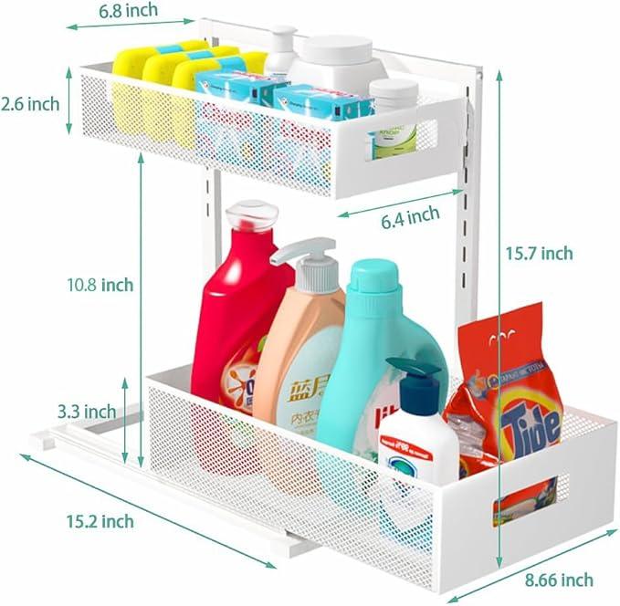 Under Sink Organizer Adjustable Height 2 Tier Bathroom Organizer Pull Out Cabinet Organer kitchen organizers and storage fridge organizers and storage,White,XL-1 Pack - ModernBath