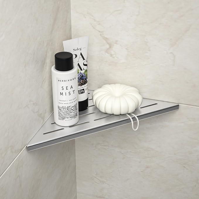 Corner Shower Shelf 10" Brushed 304 Stainless Steel Slot Design Recessed Corner Shelf Bathroom Grout in Shelf for Tiled Wall - ModernBath
