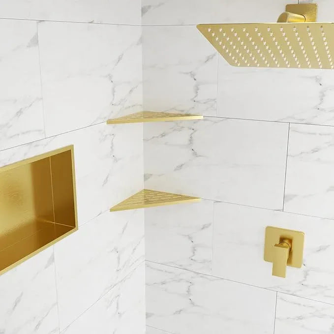 POPFLY 10 Inch Gold Corner Shower Shelf 2 Pack, 304 Stainless Steel Bathroom Shelves for Tiled Wall, No Drilling Recessed Organizer, Luxurious Floating Shower Shelf with Anti-Slip Design, PF7501G - ModernBath