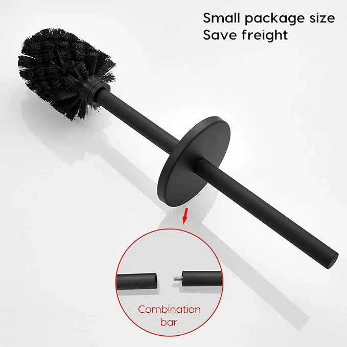 Toilet Bowl Brush and Holder, 304 Stainless Steel No-Punch Hook Base Dual Purpose Toilet Brush Holder with Removable Inner Bucket and Splash Cover - Soft Bristles (Black) - ModernBath