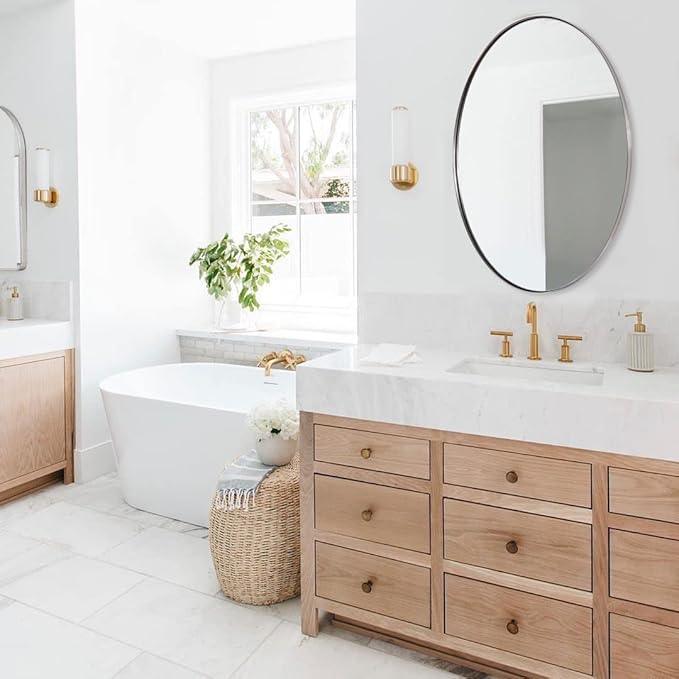 ANDY STAR Brushed Nickel Mirror Bathroom, 24x32 Inch Brushed Nickel Oval Mirror, Stainless Steel Metal Frame Oval Vanity Mirrors Hangs Horizontal or Vertical, Modern Style for Home - ModernBath