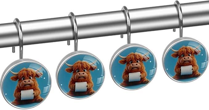 Funny Highland Calf Shower Curtain Hooks Rings, Stainless Steel Rust Proof Shower Curtain Hooks, Decorative Shower Hooks for Bathroom Shower Rods Curtains, Set of 12 - ModernBath
