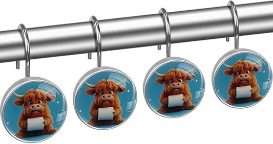 Funny Highland Calf Shower Curtain Hooks Rings, Stainless Steel Rust Proof Shower Curtain Hooks, Decorative Shower Hooks for Bathroom Shower Rods Curtains, Set of 12 - ModernBath