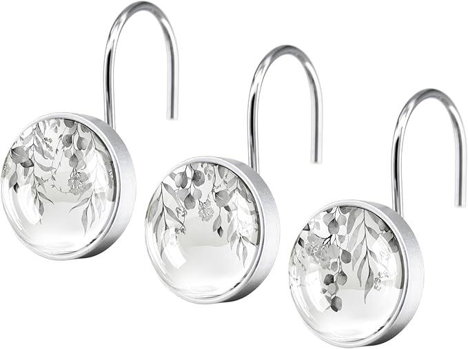 12 Pcs Black Eucalyptus Shower Curtain Hooks - Decorative Shower Curtain Hooks Rings Set - Stainless Steel Round Resin Shower Rings Hangers for Summer Bathroom Home Bath Room Rods Decor - ModernBath
