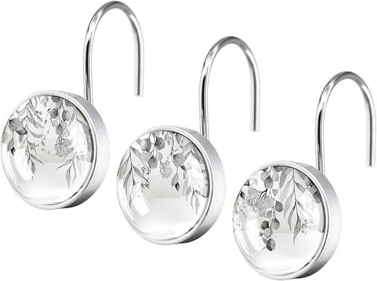 12 Pcs Black Eucalyptus Shower Curtain Hooks - Decorative Shower Curtain Hooks Rings Set - Stainless Steel Round Resin Shower Rings Hangers for Summer Bathroom Home Bath Room Rods Decor - ModernBath