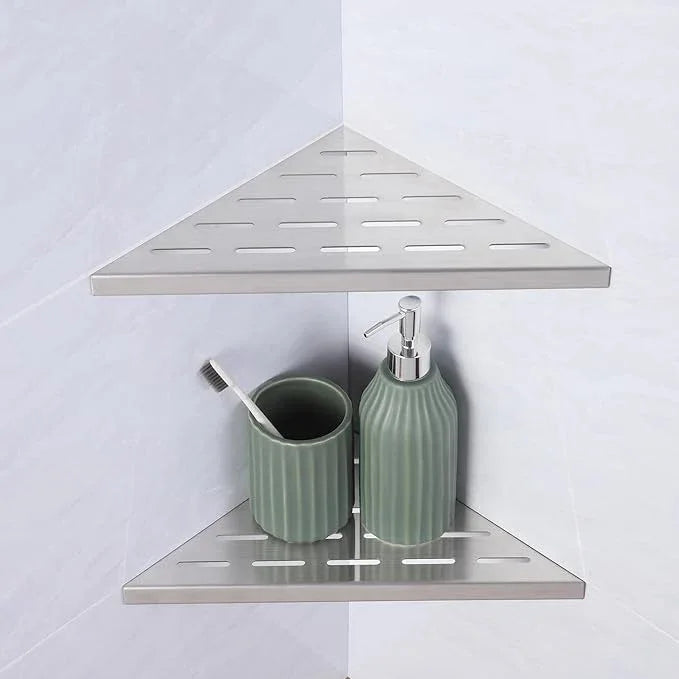 10" Corner Shower Shelf, 2-Pack Bathroom Shelves for Tile Walls, SUS304 Stainless Steel Recessed Shower Shelf, Grout in Corner Organizer Shelves, Brushed Silver - ModernBath