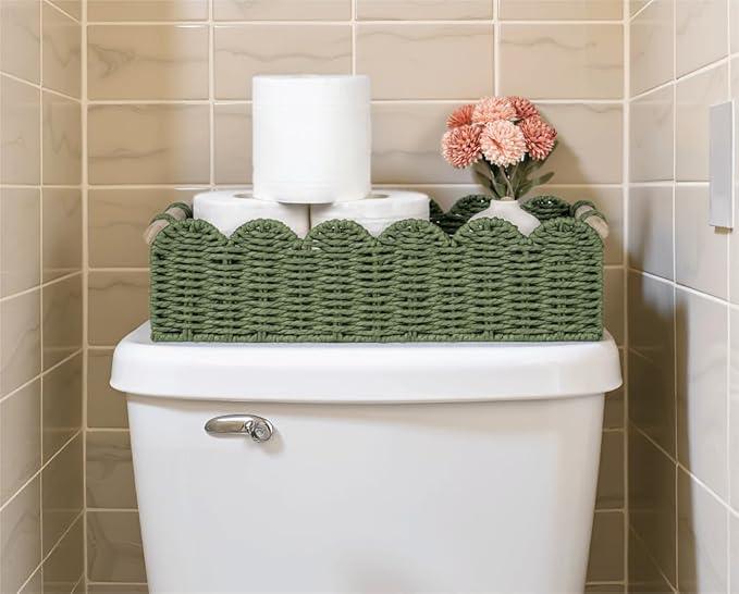 CubesLand Decorative Toilet Paper Storage Basket, Modern Farmhouse Home Decor Basket for Organizing, Scalloped Pantry Baskets for Shelves, Countertop, Living Room, w/Wood Handles, Green 2 Sizes - ModernBath