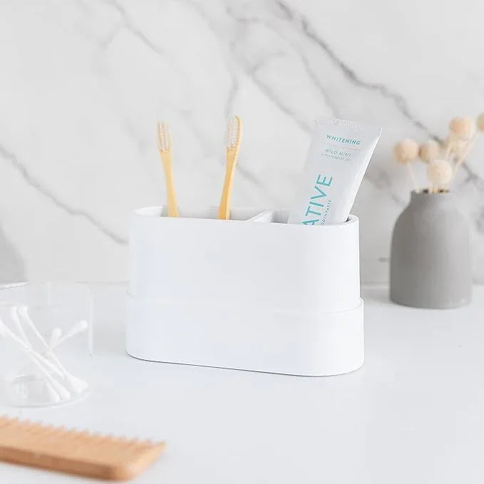 Yew Design Matte White Large Toothbrush and Toothpaste Holder and Cup for Bathroom Vanity and Countertop, Round Organizer for Electric Toothbrushes, Floss, Razors, Cotton, and Mouthwash - ModernBath