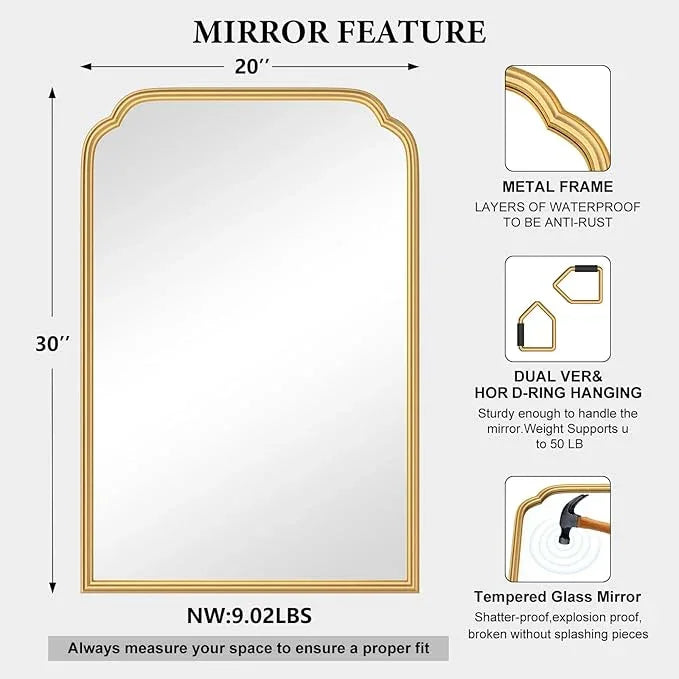 Ferytange 20X30 Inch Gold Bathroom Mirror for Wall, Modern Rounded Corner Rectangle Mirror with Non-Rusting Iron Metal Framed Bathroom Vanity Mirror for Over Sink Wall Decor(Tempered Glass) - ModernBath