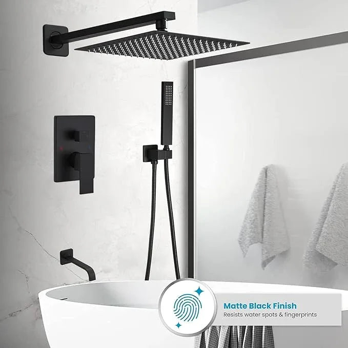JingGang Matte Black Rain Shower System Tub Shower Faucet Set 12 Inch Square Rainfall Shower Head with Handheld Sprayer and Tub Spout Rough-in Valve Shower Mixer Combo Kit - ModernBath