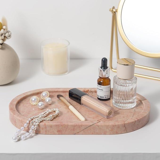 Cream Rose Marble Oval Tray 10x6 Inch - Vanity & Bathroom Organizer, Coffee Table Decor - Weighted Stone Base - ModernBath