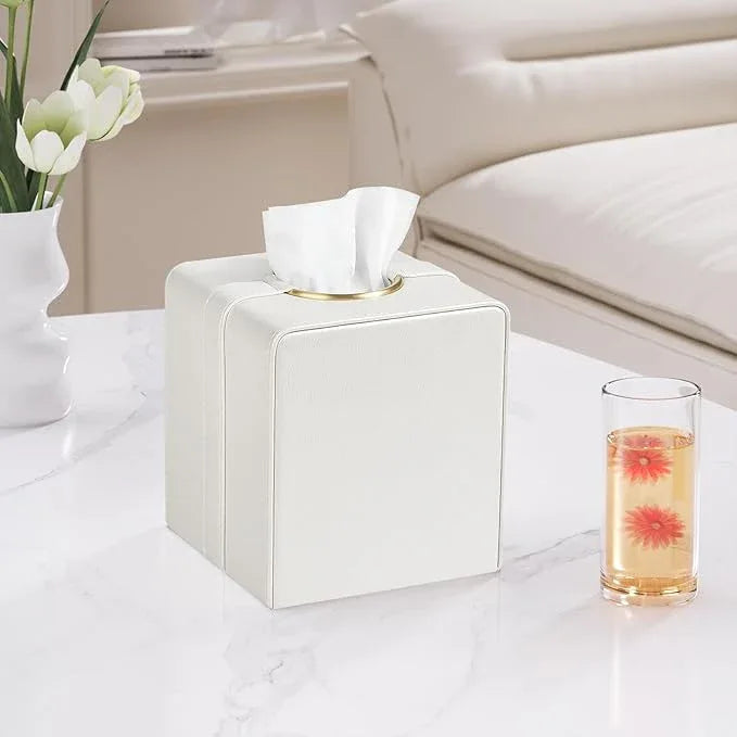 Cretkhp Luxury Square Tissue Box Cover, PU Leather Tissue Box Holder with Magnetic Closure and Gold Decorative Grommets for Bathroom Bedroom, Decorative Elegant Cube Tissue Holder (Cream) - ModernBath