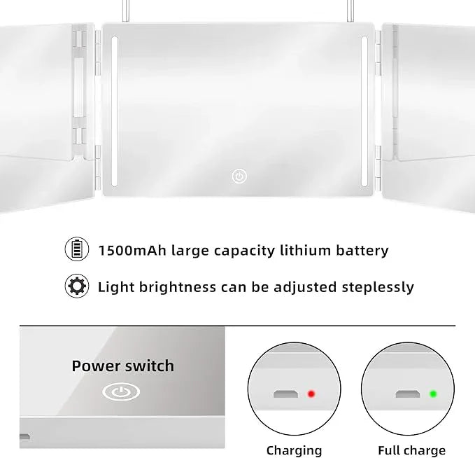 GLDDAO LED 3 Way Mirror to See Back of Head 360 Mirror for Women for Braiding Hair Telescoping Hooks Anti-Fog HD Glass Three Way for Self Hair Cutting Makeup Trifold - ModernBath