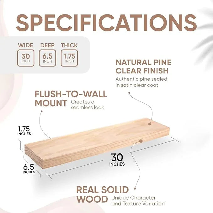 Homeforia 30 inch Natural Floating Shelf, High End Solid Real Wood 30inch Small Floating Shelves for Wall Mounted, Natural Wooden Floating Shelves, Heavy Duty Bracket, 30 X 6.5 X 1.75 in, Set of 2 - ModernBath