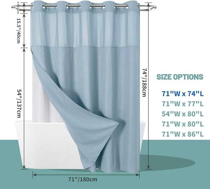 eachope Teal Hook Waffle Weave Shower Curtain with snap-in Liner Replacement, 230GSM Waterproof Fabric Hotel Shower Curtain Set for Bathroom, Through Mesh Top Window,71Wx74H - ModernBath