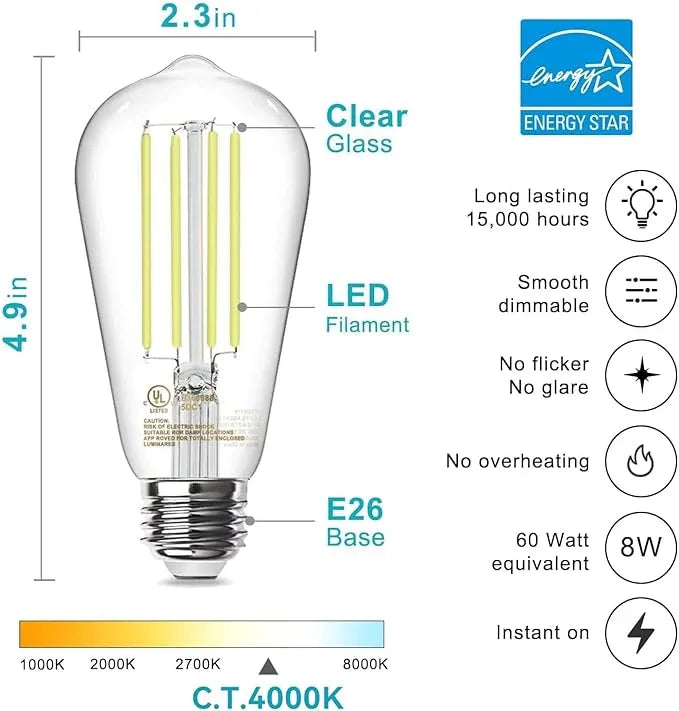 TJOY 10 Pack E26 Base Vintage LED Edison Light Bulbs, 60W Equivalent Dimmable, 4000K Natural White, 8W ST58 LED Filament Bulbs, 800Lumens, CRI80+, Antique Glass Style for Home, Bedroom, Farmhouse - ModernBath