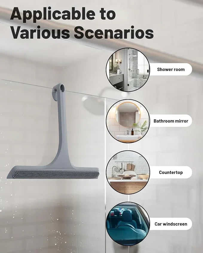 2-in-1 Silicone Shower Squeegee with Hook,Dual-Sided Design with Scraper & Scrub Surface,Rust-Proof Stainless Core,Streak-Free Bathroom Squeegee for Glass Doors,Mirrors,Windows,Car Windshields (Gray) - ModernBath