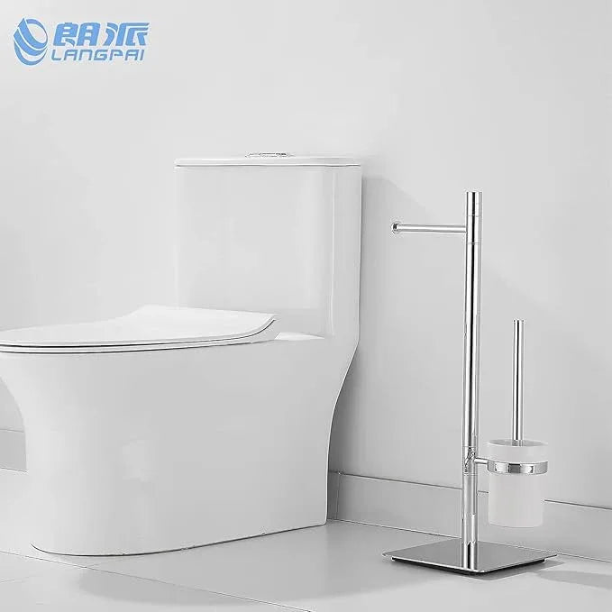 Freestanding Toilet Brush and Paper Holder Set Superior Hotel Luxury Style Join Roll Paper and Toilet Brush Non-Skid Sturdy Floor Stand Brass Chrome with White Ceramic Cup - ModernBath