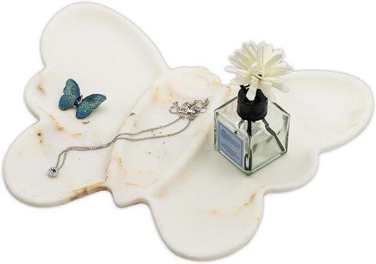 Marmor Real Natural Marble Bathroom Tray for Perfume, Candles, Jewelry Stone Vanity, Bathroom & Kitchen Counter Organizer and Home Decor (Calacatta Gold Marble Butterfly Grid Plate) - ModernBath
