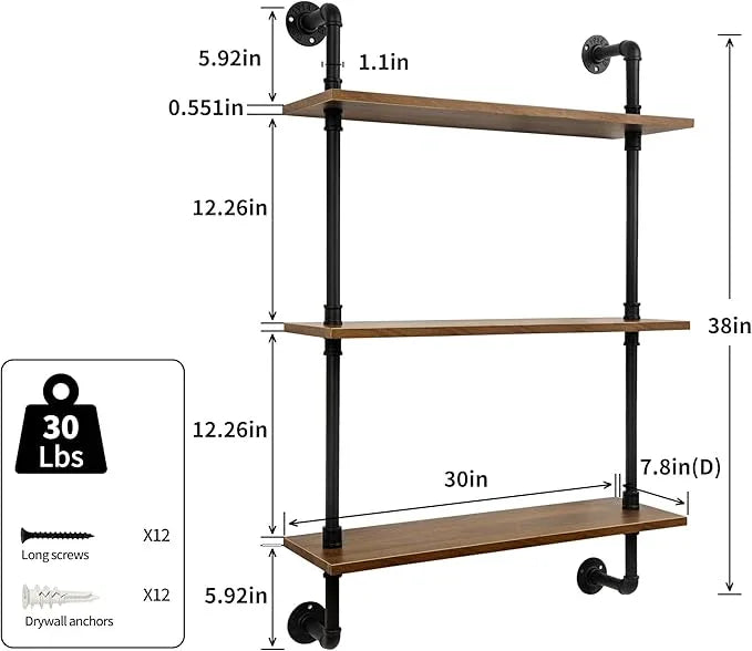 3-Tier Industrial Pipe Floating Shelf – Rustic 30 inch Wood Wall-Mounted Storage Shelf for Kitchen Office,Bathroom & Home Decor -Walnut - ModernBath