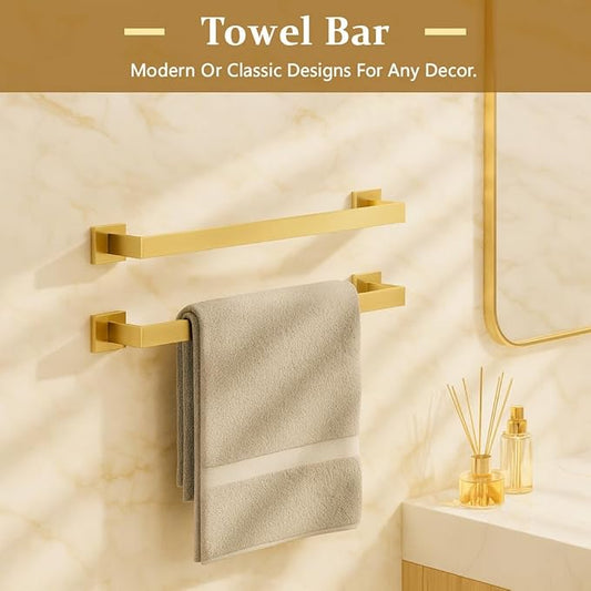 INDARE 5-Piece Bathroom Hardware Set， Brushed Gold Bathroom Accessories 304 Stainless Steel， Including 23.8 inch Bath Towel Bar*2, Double Towel Hook, Toilet Paper Holder, and Towel Ring
