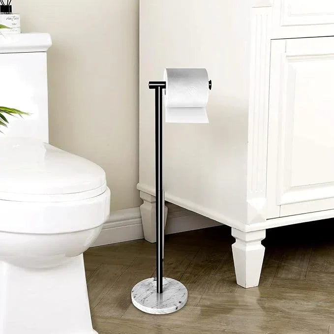 Toilet Paper Holder Stand with Weighted Natural Marble Base, Bathroom Free Standing Toilet Paper Roll Holder with Reserve, Standing Toilet Tissue Holder with Storage (Black, Basic Model) - ModernBath
