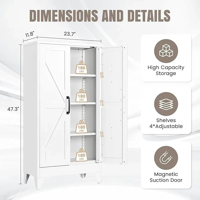 Yizosh Metal Storage Cabinet with 2 Doors and 3 Adjustable Shelves - 47" White Kitchen Pantry Storage Cabinet Locker for Kitchen,Living Room,Dining Room - ModernBath