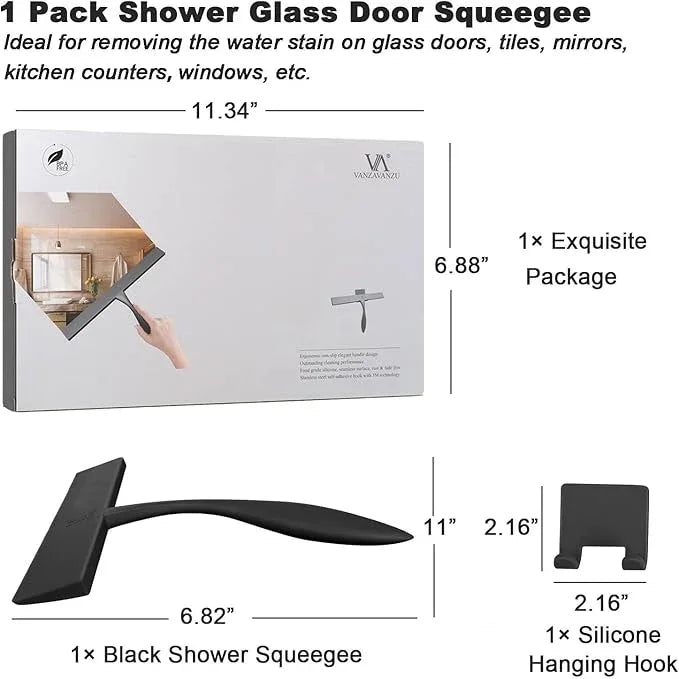 Shower Squeegee for Glass Doors, 11-Inch Silicone Squeegee with Non-Slip Handle and Adhesive Hook for Bathroom, Mirror, Tile, Car Window (Black) - ModernBath