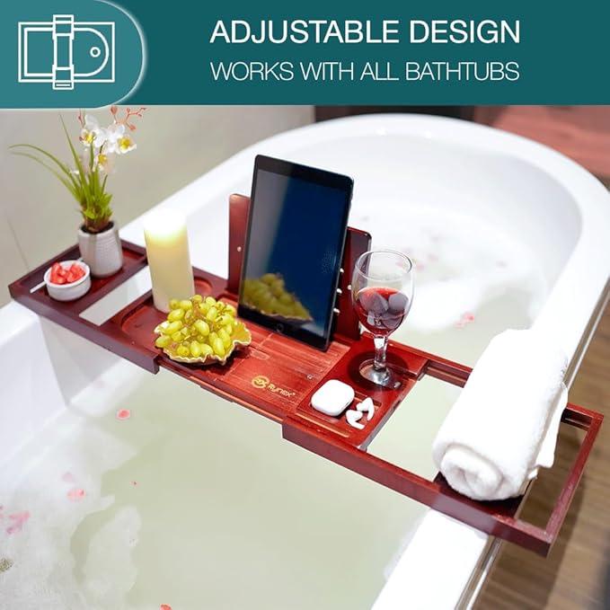 Rynex Bathtub Tray – Foldable & Waterproof Bath tub Tray Caddy with Phone, Wine & Book Holder, Tub Tray –Adjustable Luxury Bath Tray for Tub Relaxation, Home Decor & Gifts – Bamboo Wood - ModernBath
