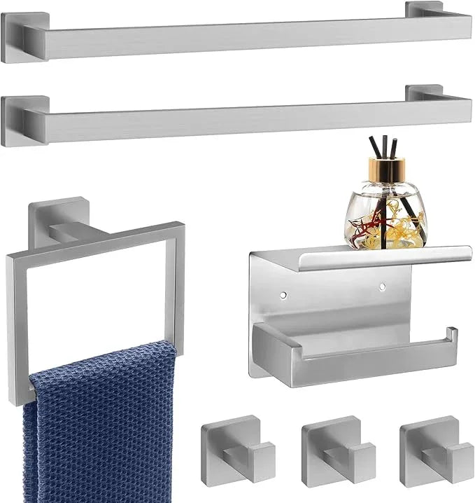 7-Piece Bathroom Hardware Set Brushed Nickel Towel Bar Set with Towel Rack, 2 Square 23-Inch Towel Bars and Stainless Steel Bathroom Accessories Wall Mounted - ModernBath