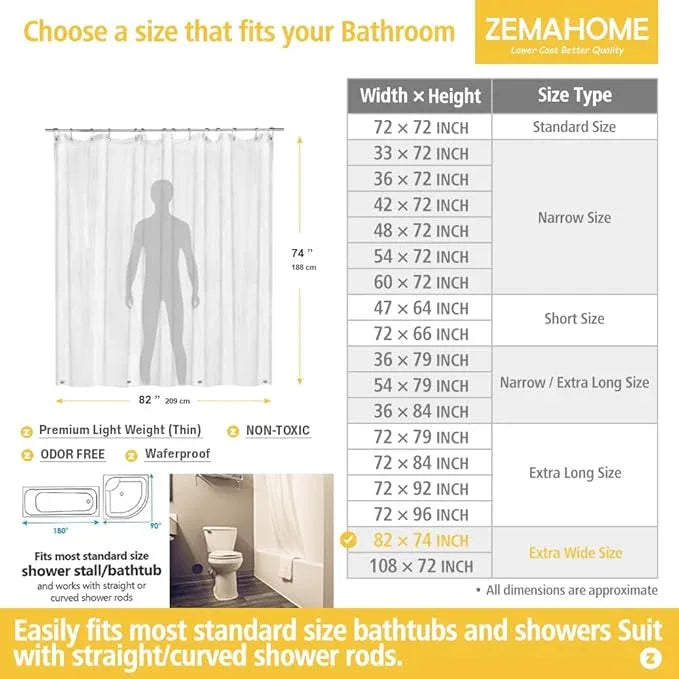 ZEMAHOME Extra Large Size PEVA Plastic Shower Curtain Liner Premium Light Weight 82" x 74" Clear Bathroom Shower Showroom Curtain Liner with Rustproof Metal Gromments and Weighted Magnet - ModernBath