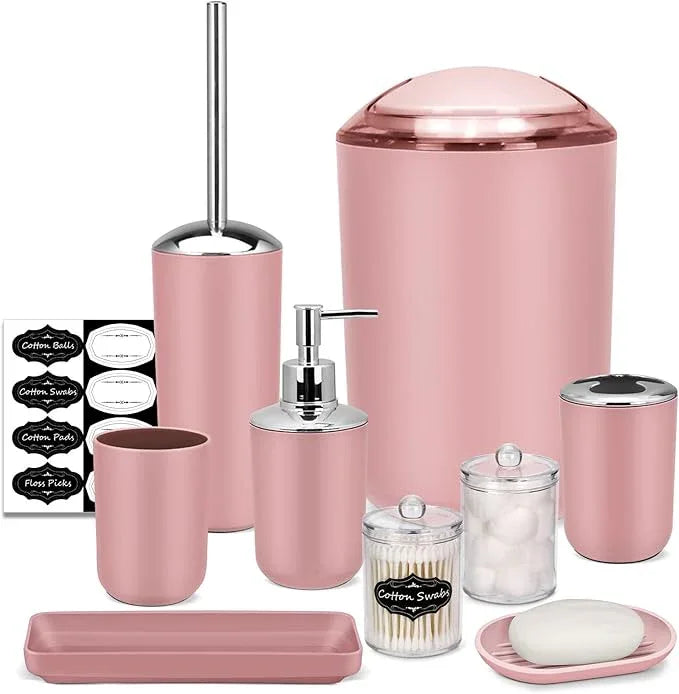 IMAVO Bathroom Accessories Set,Pink Bathroom Set,9 Pieces Bathroom Accessory Set,Tray,Qtip Holders,Toilet Brush,Trash Can for Bathroom Décor and Home Gifts - ModernBath