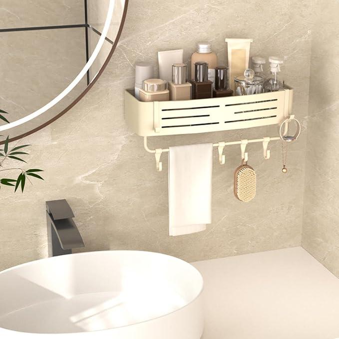 Onemake Aluminum Shower Caddy Suction Cup, No Drilling Bathroom Shower Shelf, Corner Shower Caddy with 6 Portable Hooks, Removable Bath Organizer with Towel Bar for Bathroom Storage(Cream White) - ModernBath
