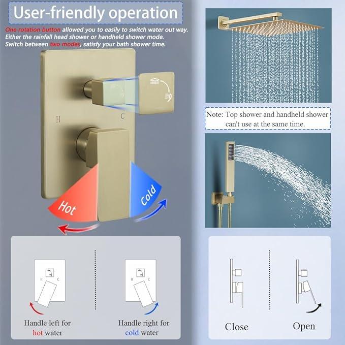 YCAIKOI Shower Faucet Set 16 Inch Wall Mount Rain Shower System, All Metal Shower Fixtures - Brushed Gold - ModernBath