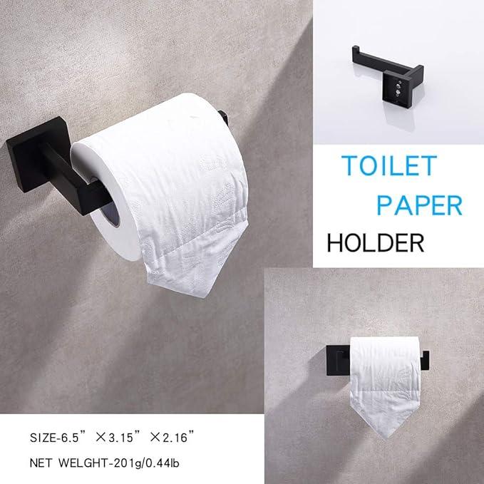 TASTOS 5-Pieces Matte Black Bathroom Hardware Set, Premium Stainless Steel Square Wall Mounted-Includes 23.6 Inch Towel Bar, Toilet Paper TP Holder, 9 Inch Towel Holder, 2 Robe Towel Hooks - ModernBath