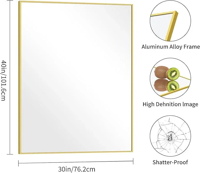 COFENY 30x40In Gold Bathroom Mirror for Wall, Brushed Gold Rectangle Mirrors with Metal Frame, Bathroom Rectangular Mirror Modern Wall Mirror for Bedroom Living Room, Hangs Horizontal or Vertical - ModernBath