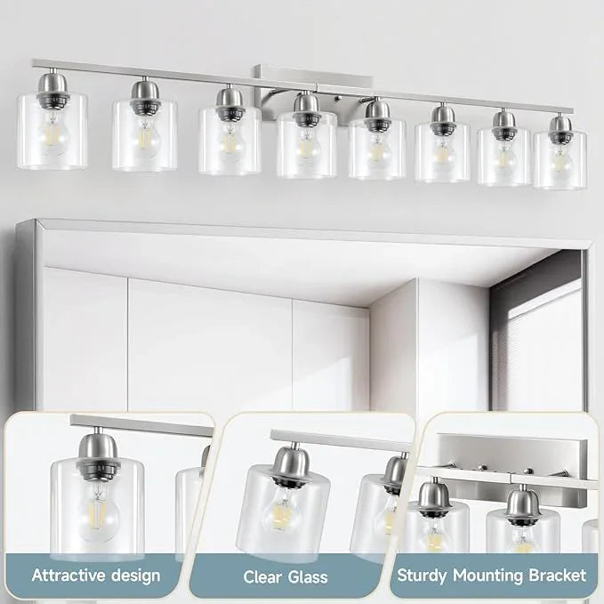 FAISHILAN Modern Brushed Nickel 8 Light Bathroom Light Fixtures,52 inch Vanity Lights for Bathroom with Clear Glass for Mirror Kitchen Living Room Hallway Cabinet Porch - ModernBath